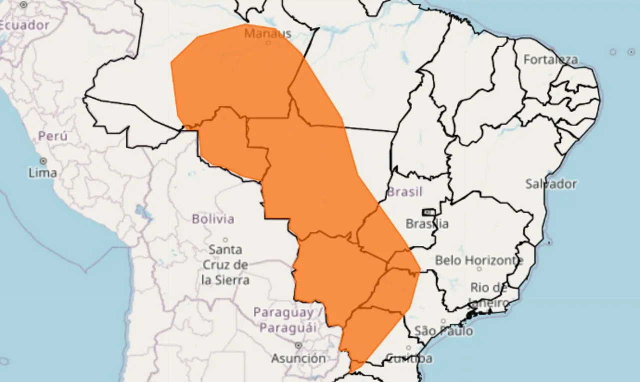 o mapa mostra as áreas em alerta para tempestade e chuva intensa